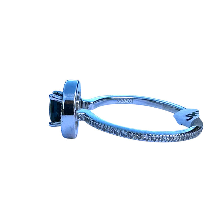 Simon G, 18 Karat Teal Colored Zircon Halo Eternity Band .90ct Ring