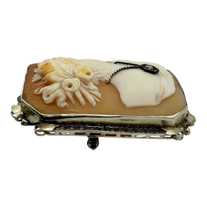 1800's Victorian Cameo with Diamond 14 Karat White Gold brooch pendant