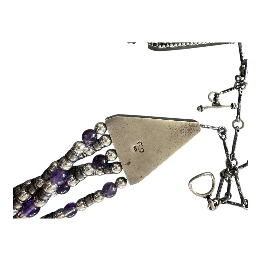 Designer, sterling beaded 5-strand amethyst 26" necklace