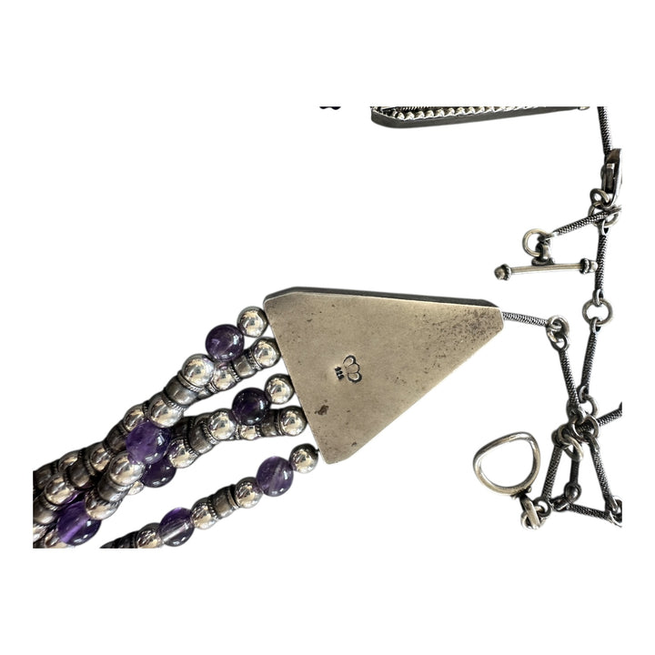 Designer, sterling beaded 5-strand amethyst 26" necklace