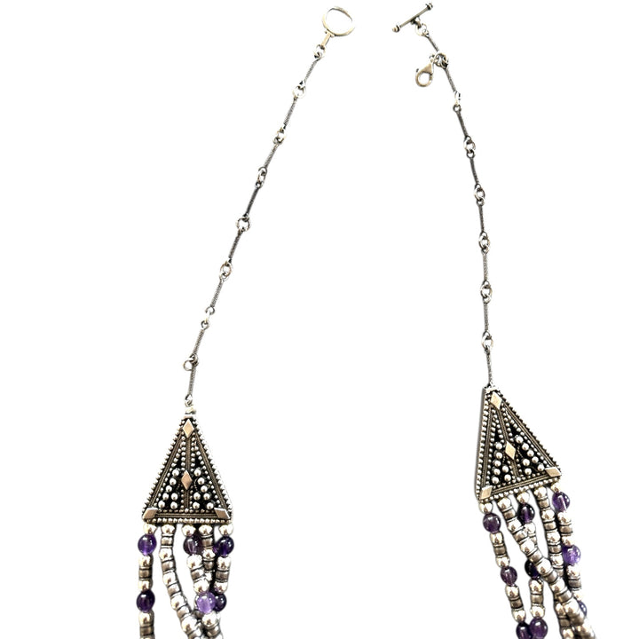 Designer, sterling beaded 5-strand amethyst 26" necklace
