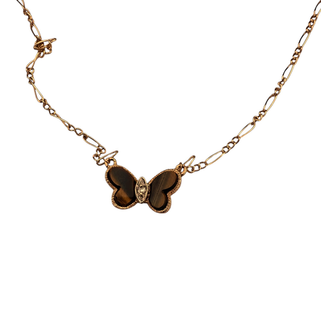 Mid-Century Inspired Yellow Gold, Tiger's Eye Butterfly Pendant Necklace