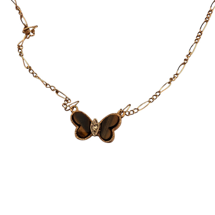 Mid-Century Inspired Yellow Gold, Tiger's Eye Butterfly Pendant Necklace