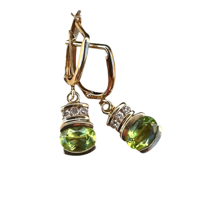 14K Yellow Gold 1.50ct Peridot and 1/4ct Diamond Leverback Dangle Earrings