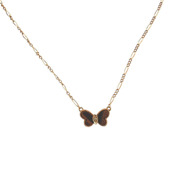 Mid-Century Inspired Yellow Gold, Tiger's Eye Butterfly Pendant Necklace
