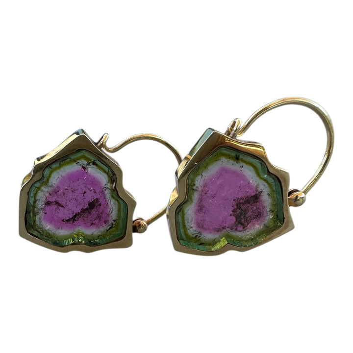 18K Solid Yellow Gold Diamond Accent 28CT Watermelon Tourmaline Slice Earrings
