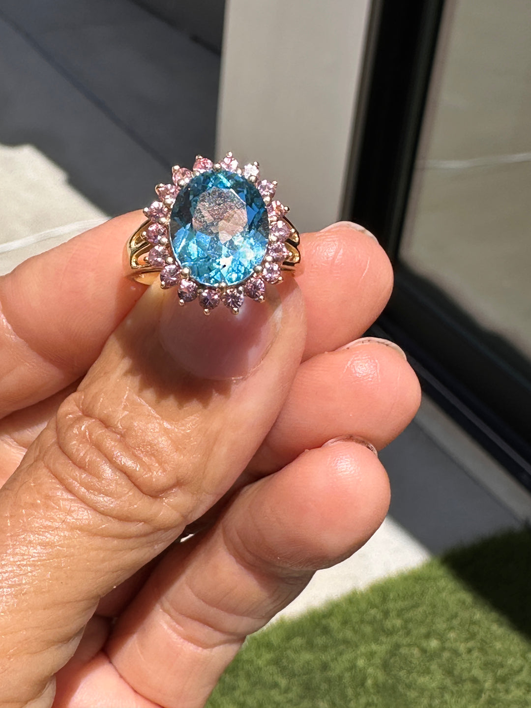 Vintage 14K Gold 6.00 Carat Oval Blue Topaz and Pink Sapphire Halo Cocktail Ring