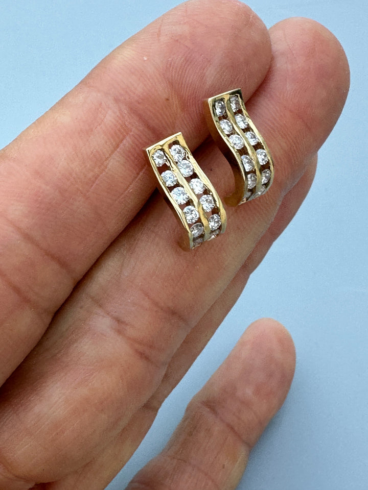 14K Yellow Gold Double-Row Channel-Set Diamond Wave J-Hoop Earrings 0.85 CTW