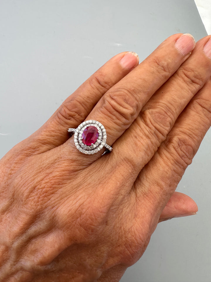 14kt White Gold 1.40 Carat Oval Ruby and Double Diamond Halo Cocktail Ring