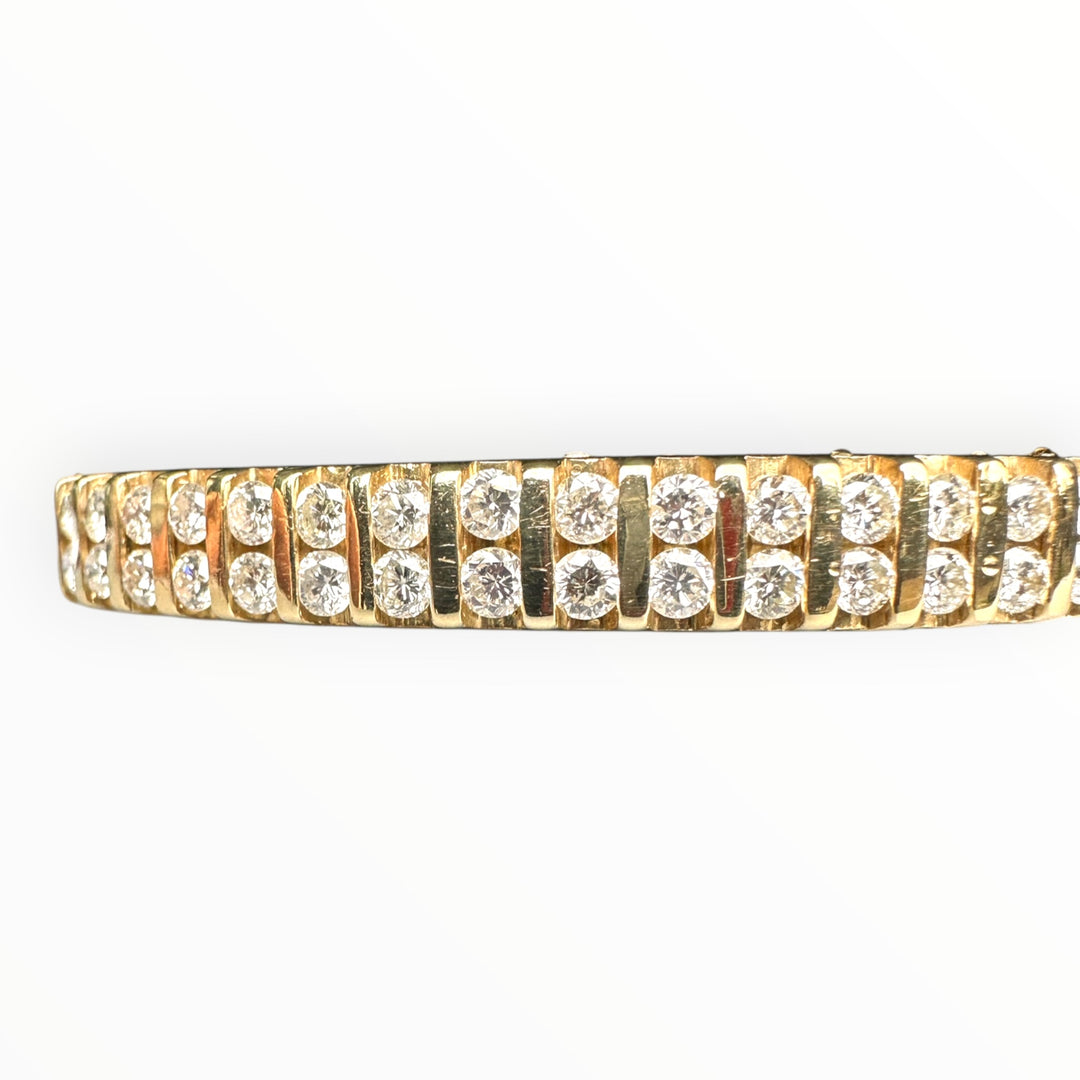 14 karat Gold Two-Row Round Brilliant Diamond Channel Bangle Bracelet, 3.00 Carats