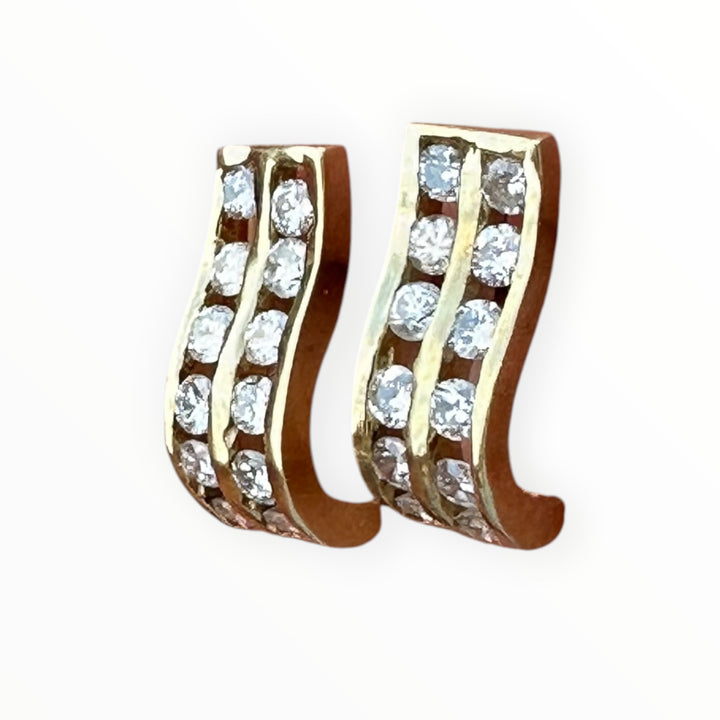 14K Yellow Gold Double-Row Channel-Set Diamond Wave J-Hoop Earrings 0.85 CTW