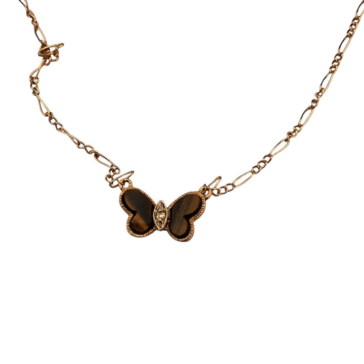 Mid-Century Inspired Yellow Gold, Tiger's Eye Butterfly Pendant Necklace