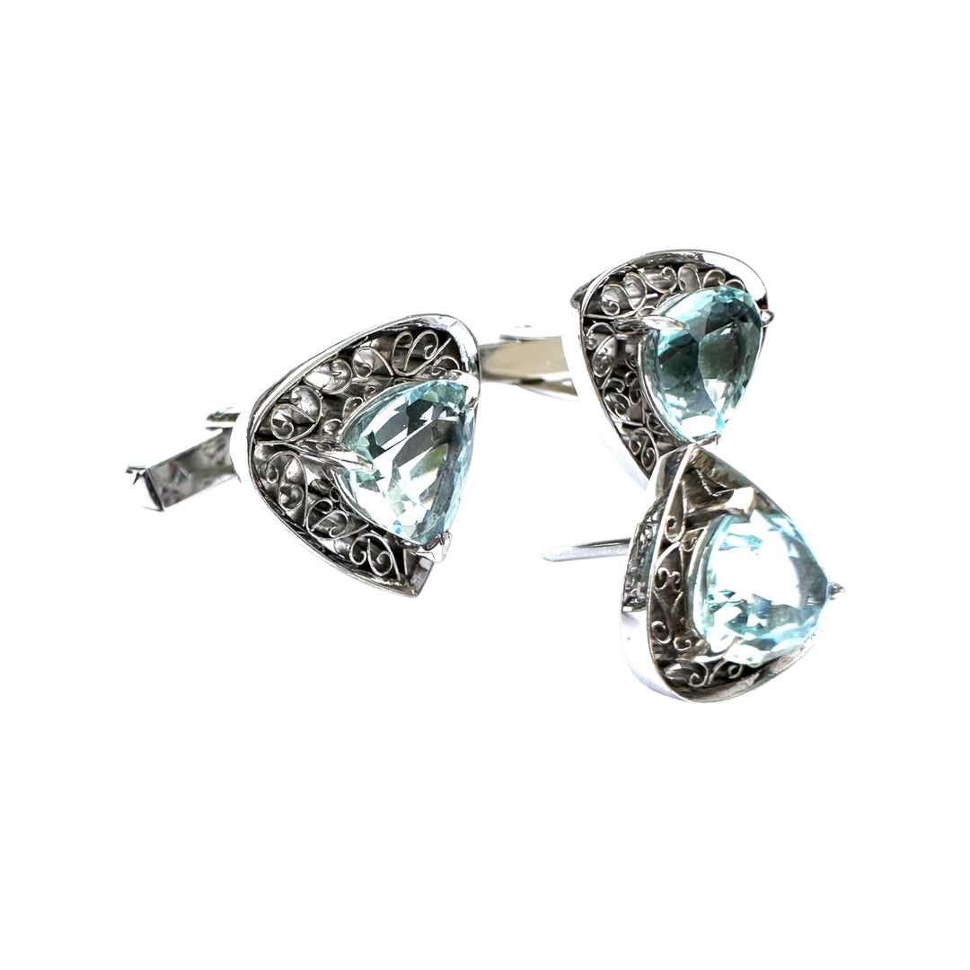 Edwardian 7 Carats Aquamarine Cufflinks and Tie Tack Set, White Gold