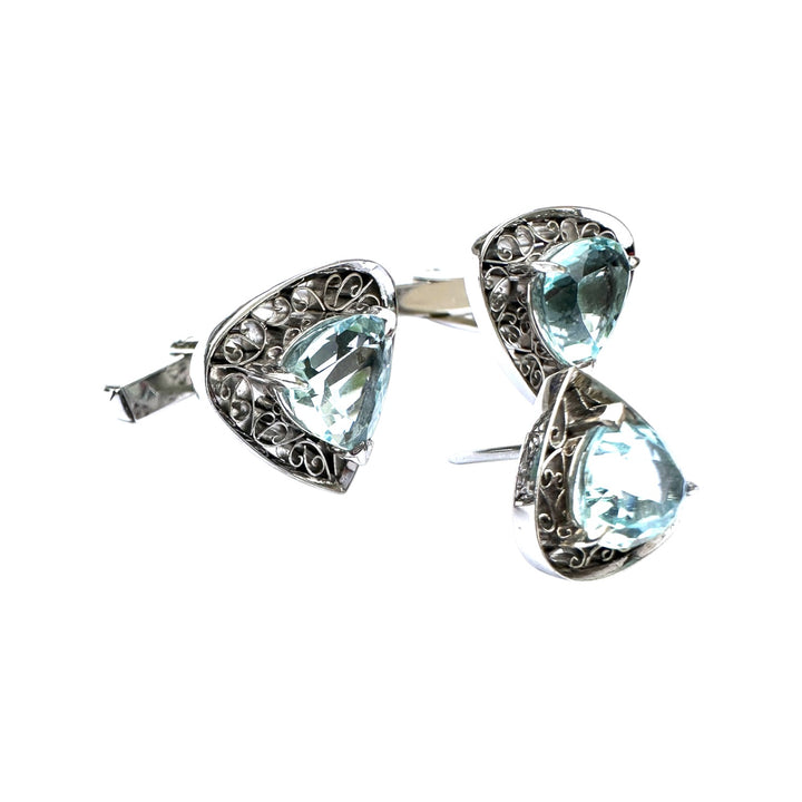 Edwardian 7 Carats Aquamarine Cufflinks and Tie Tack Set, White Gold