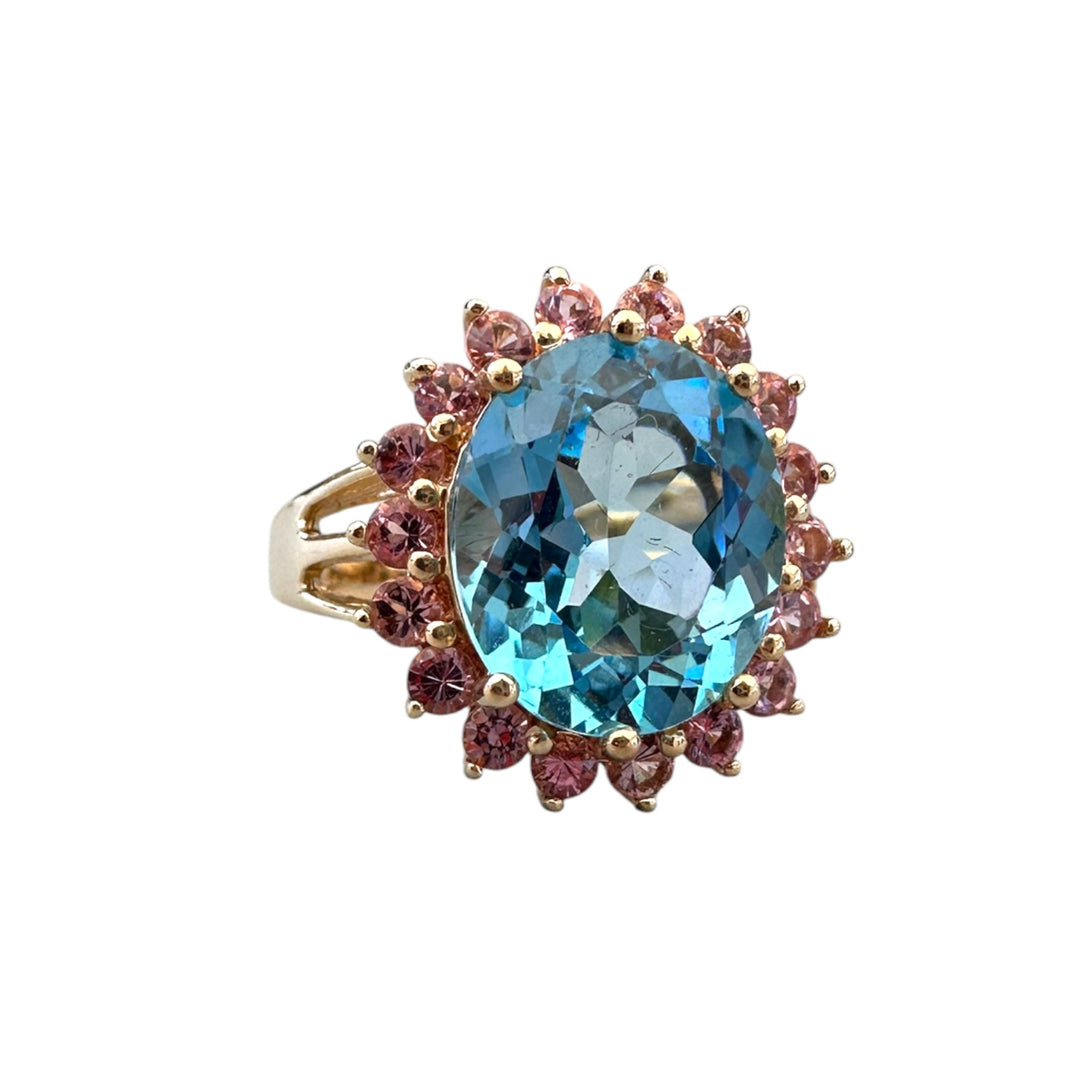 Vintage 14K Gold 6.00 Carat Oval Blue Topaz and Pink Sapphire Halo Cocktail Ring
