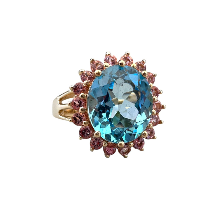 Vintage 14K Gold 6.00 Carat Oval Blue Topaz and Pink Sapphire Halo Cocktail Ring