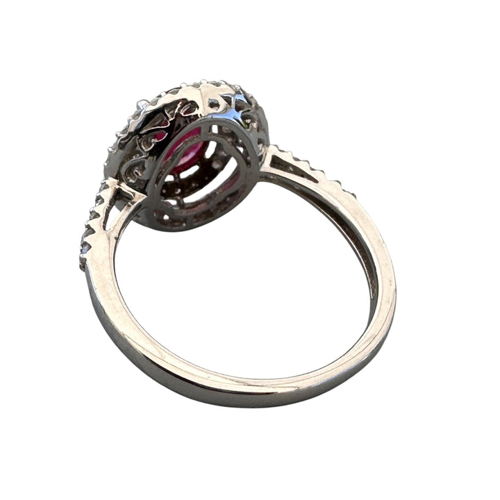 14kt White Gold 1.40 Carat Oval Ruby and Double Diamond Halo Cocktail Ring