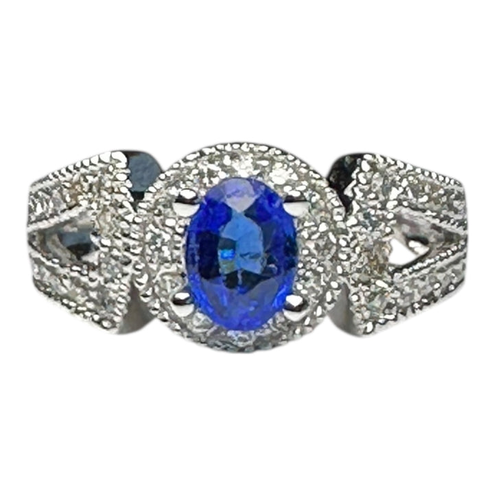 14kt White gold Halo Sapphire and Diamond Split Shank Ring