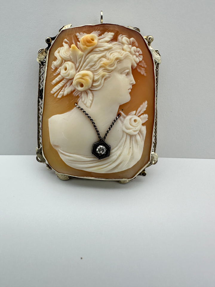 1800's Victorian Cameo with Diamond 14 Karat White Gold brooch pendant