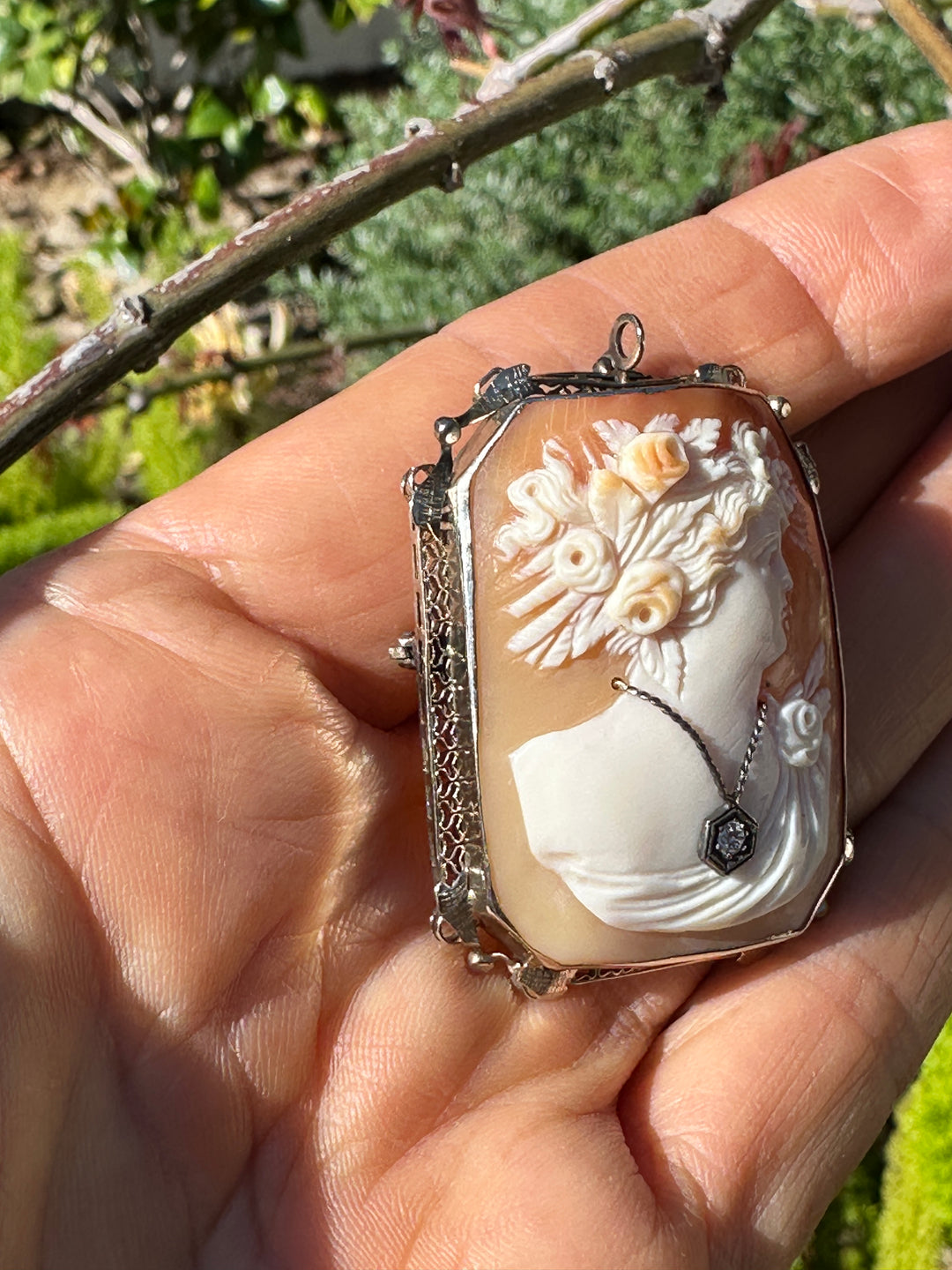 1800's Victorian Cameo with Diamond 14 Karat White Gold brooch pendant