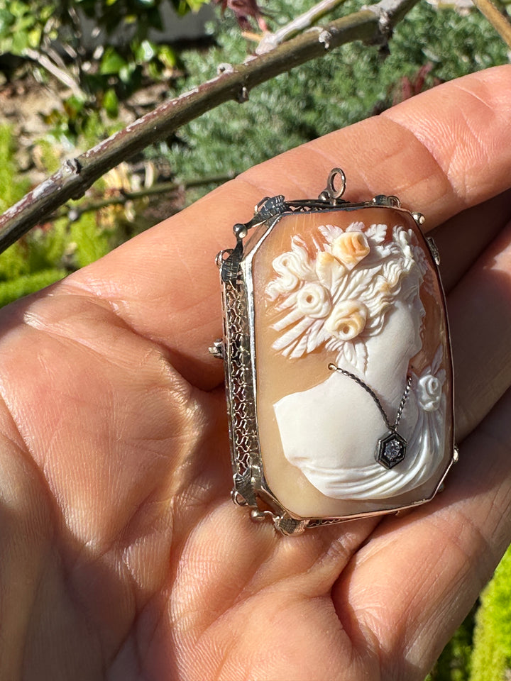 1800's Victorian Cameo with Diamond 14 Karat White Gold brooch pendant