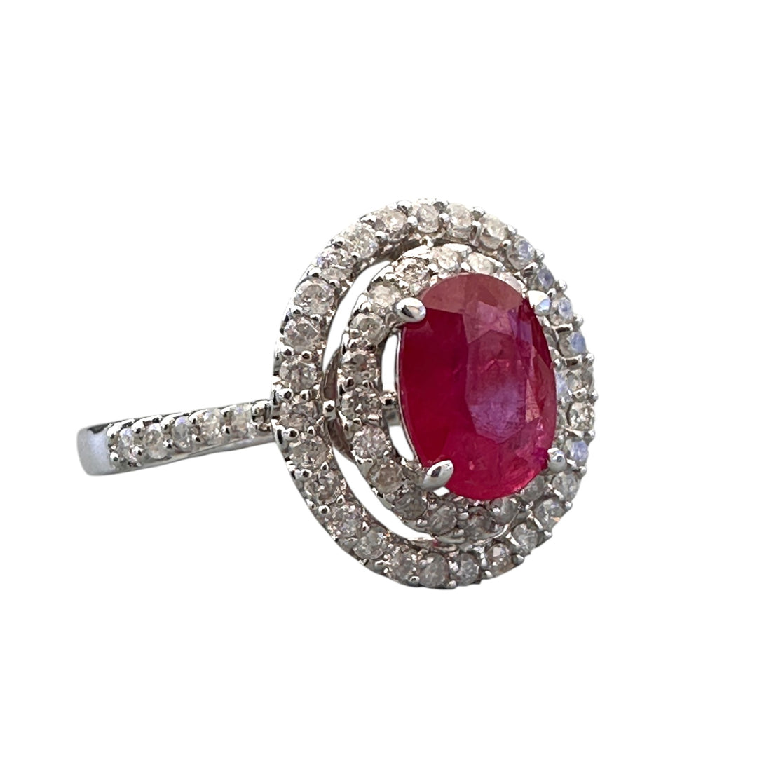 14kt White Gold 1.40 Carat Oval Ruby and Double Diamond Halo Cocktail Ring