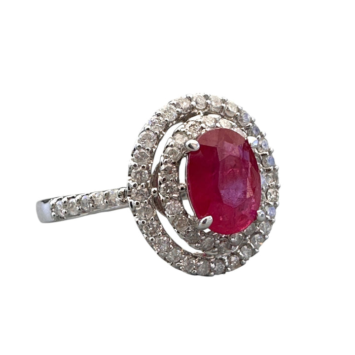 14kt White Gold 1.40 Carat Oval Ruby and Double Diamond Halo Cocktail Ring