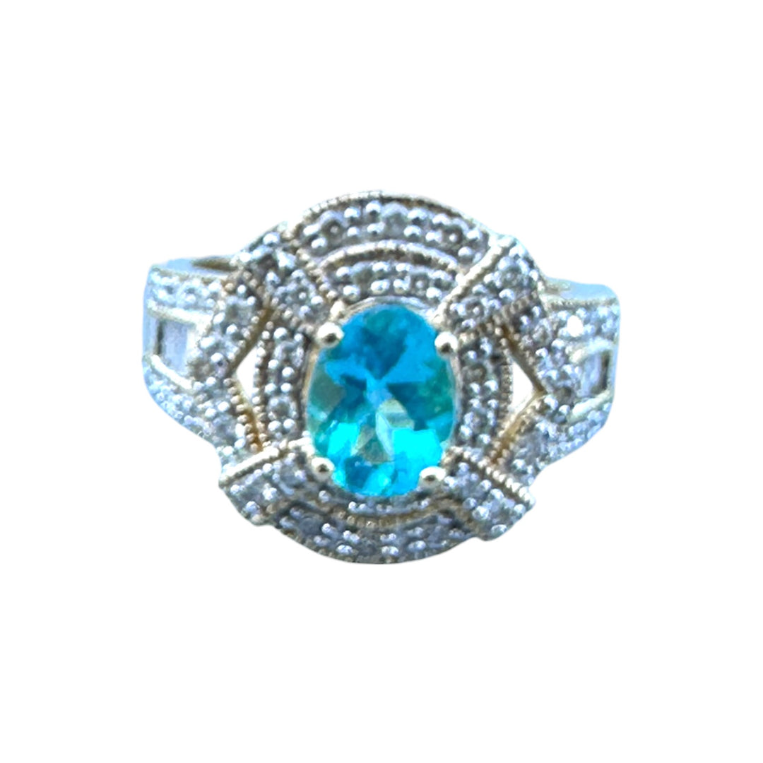 14 Karat Yellow Gold Paraiba Tourmaline Diamond Halo 1.30ctw Ring ￼