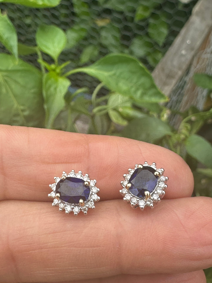 Two tone, 2 carat, sapphire, and diamond, halo stud earrings