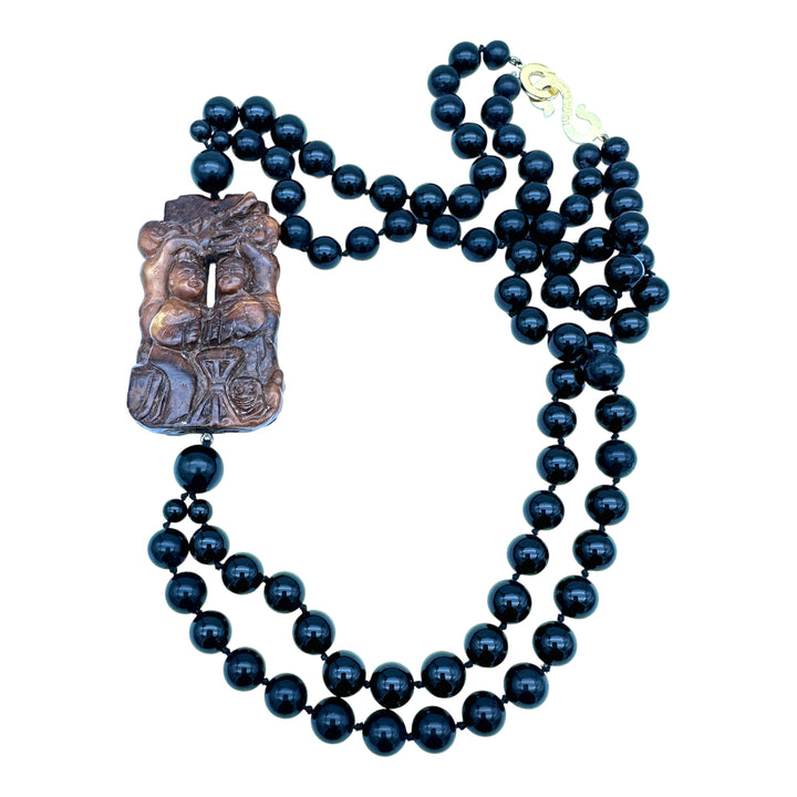22" Carved Jade Chinese Emblem and Black Onyx Double Strand Necklace