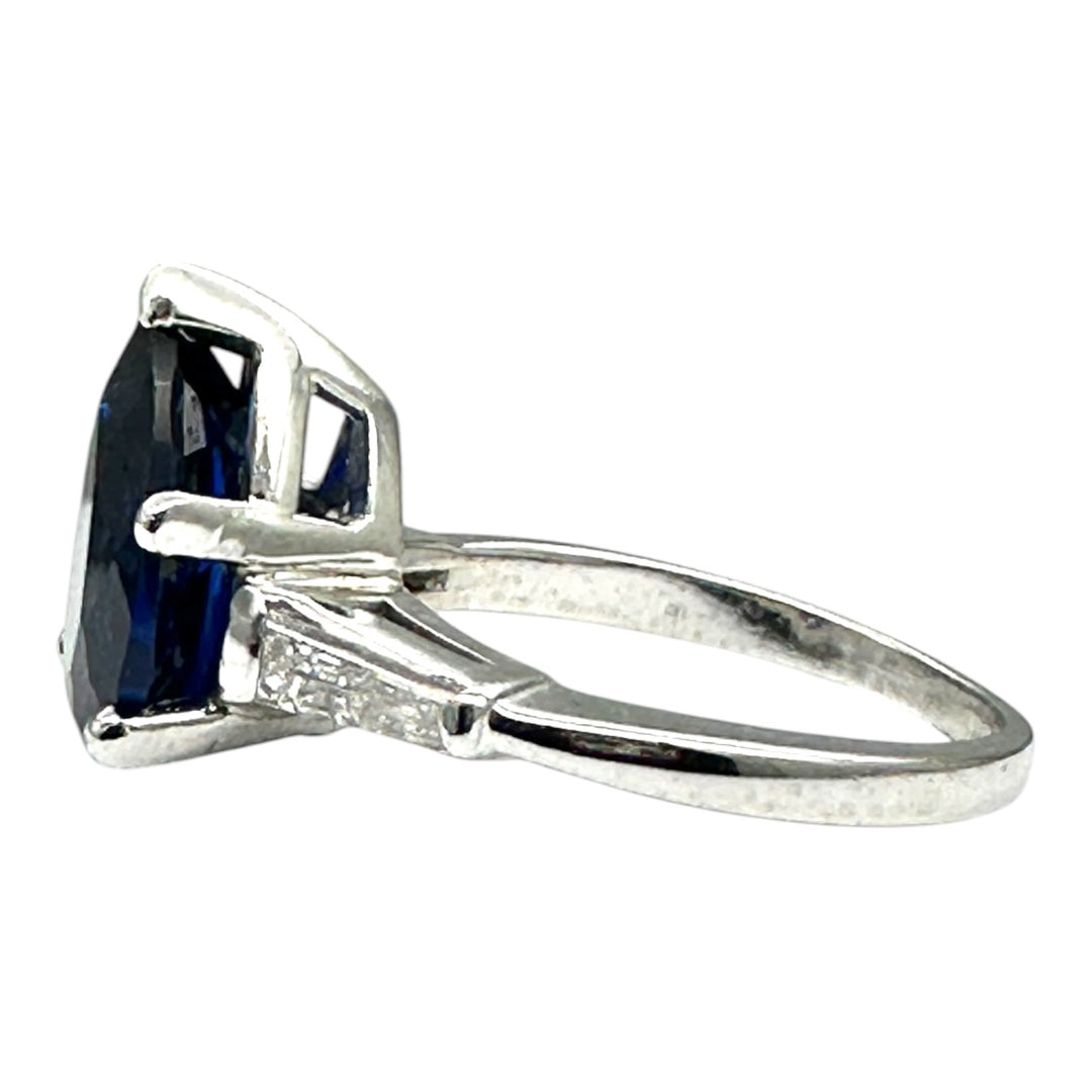 Mid Century Platinum 3-Stone 4.40ctw, Lab-Sapphire and Baguette Diamond Ring