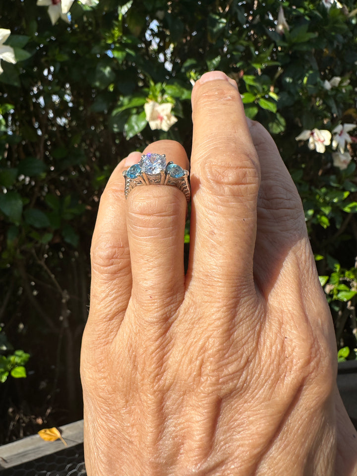 14 Karat White Gold, Three Stone Neon Apetite Etched Engraved Ring