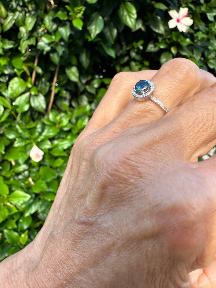 Simon G, 18 Karat Teal Colored Zircon Halo Eternity Band .90ct Ring