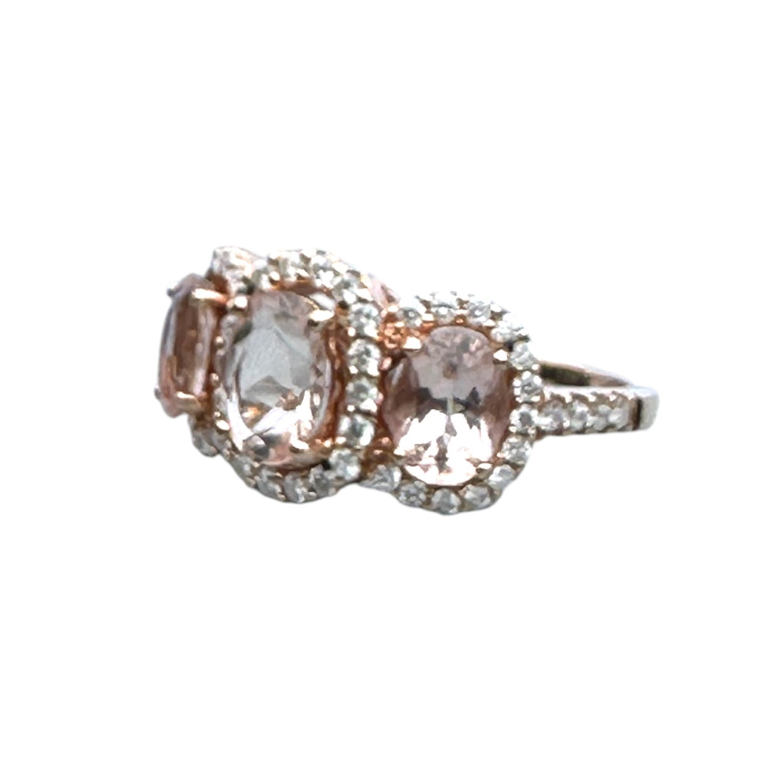 14 karat pink gold, 3-stone Morganite diamond halo ring
