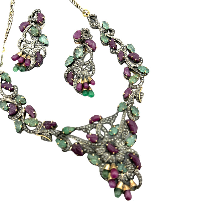 Eastern Inspired Ruby & Emerald Beryl Leaf Motif Necklace Earrings Set