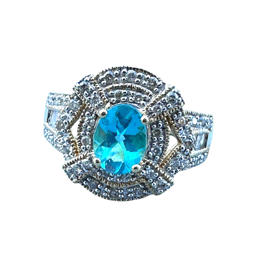 14 Karat Yellow Gold Paraiba Tourmaline Diamond Halo 1.30ctw Ring ￼