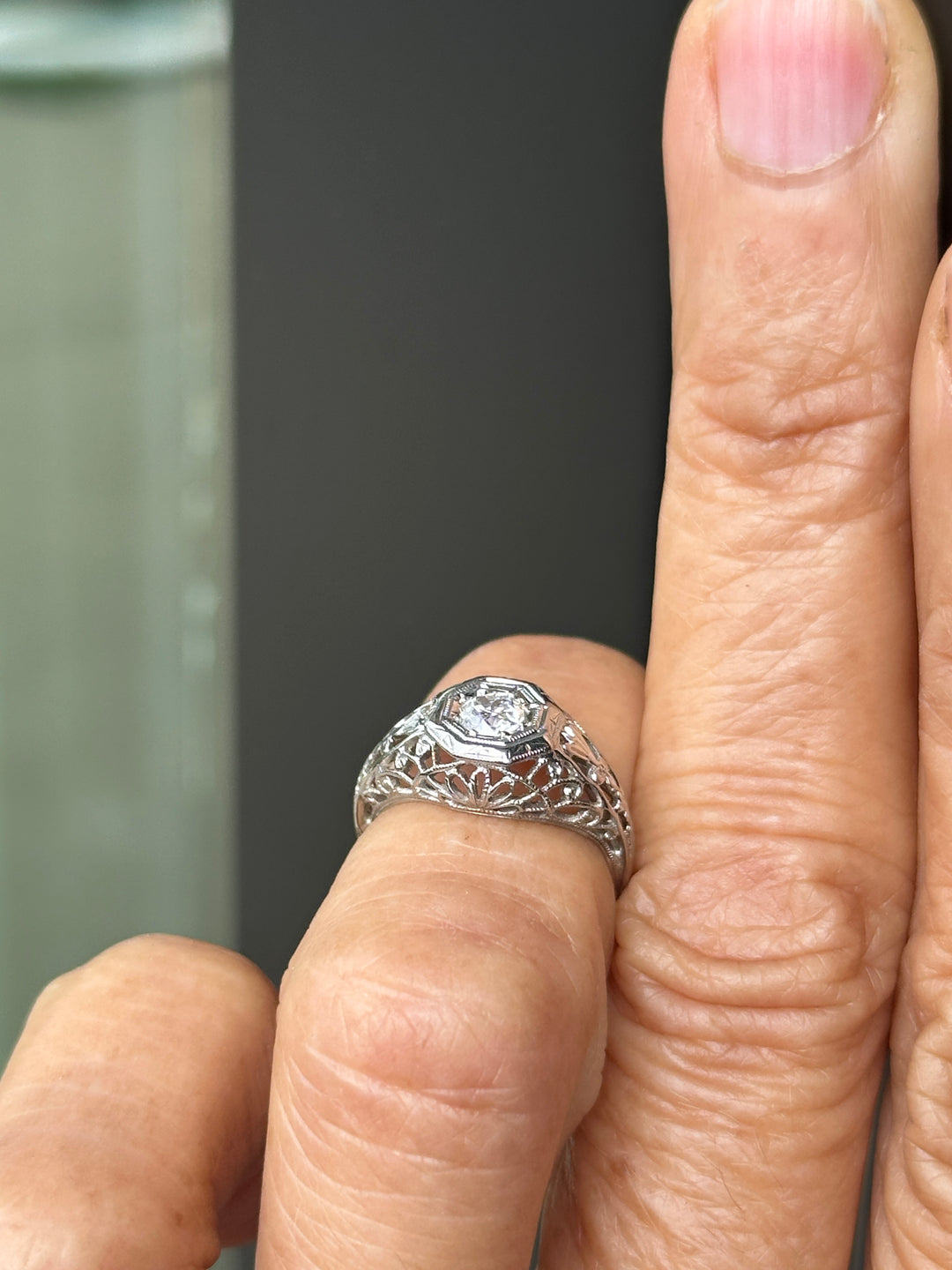 Antique Art Deco .30 Carat Old European Cut Diamond Filigree Ring in 18K White Gold, Circa 1920