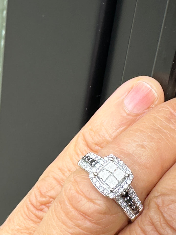 14K White Gold Princess-Cut Quad Diamond Halo Ring with Black Diamond Accents .75ctw
