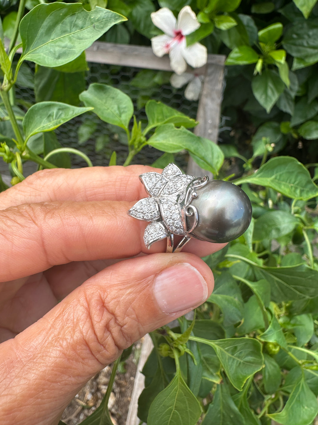 AAA Diamond and Tahitian 14mm Pearl Ring 1.50 ct