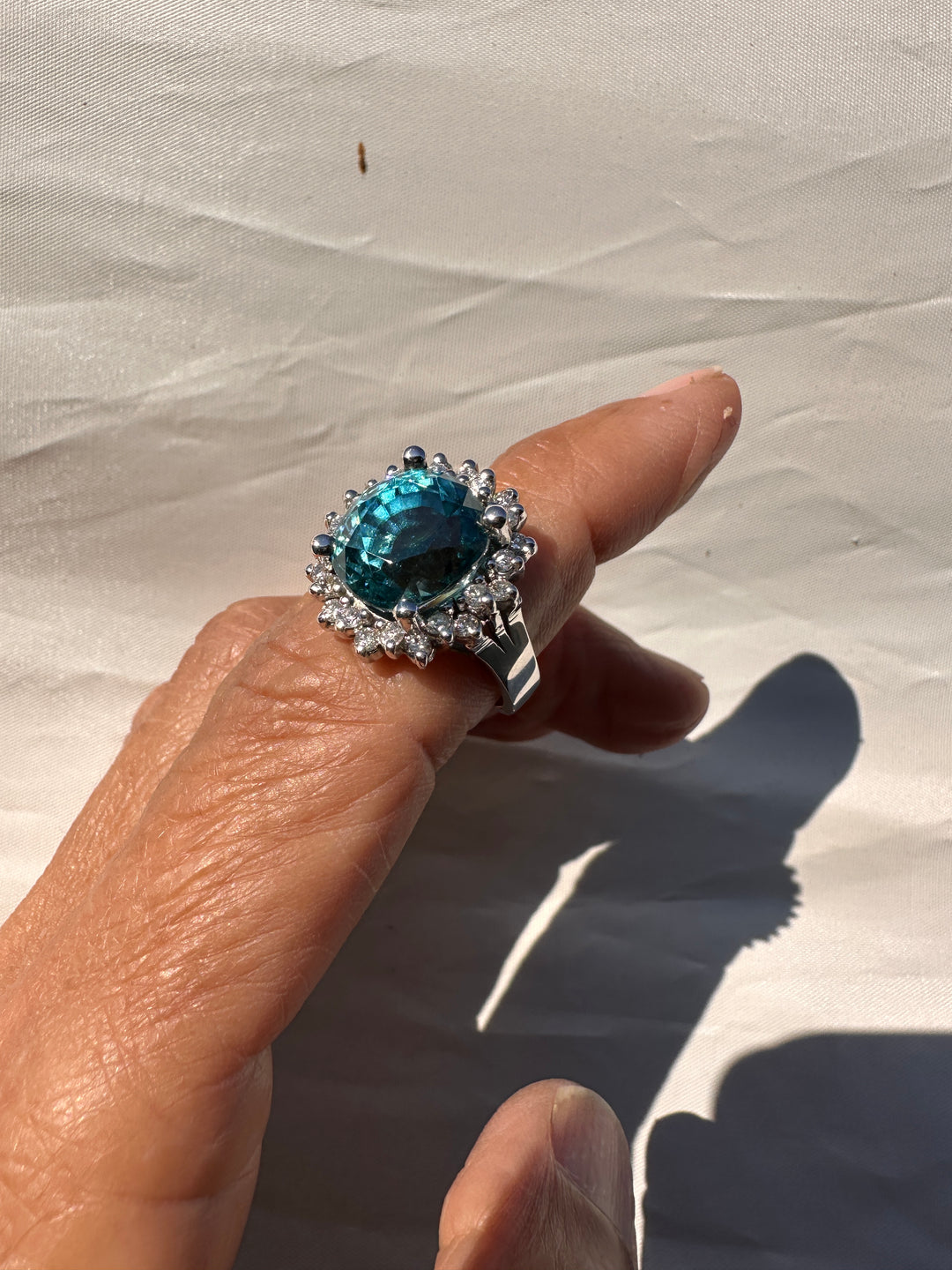 Magnificent 8 Carat Oval Natural Blue Zircon 14K White Gold Starburst Halo Ring