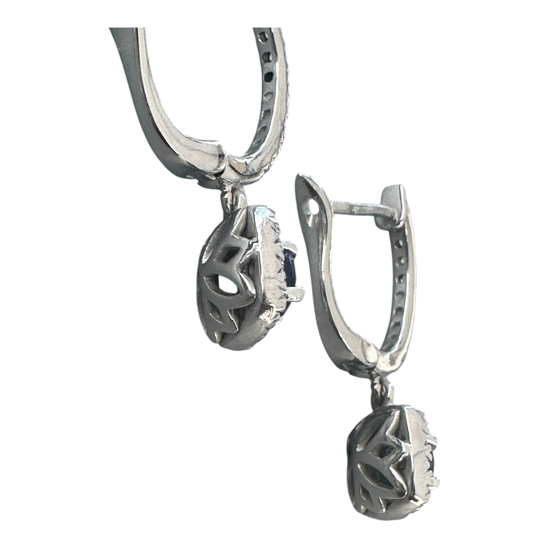 14 karat 2.00 carat sapphire, and diamond halo huggy earrings