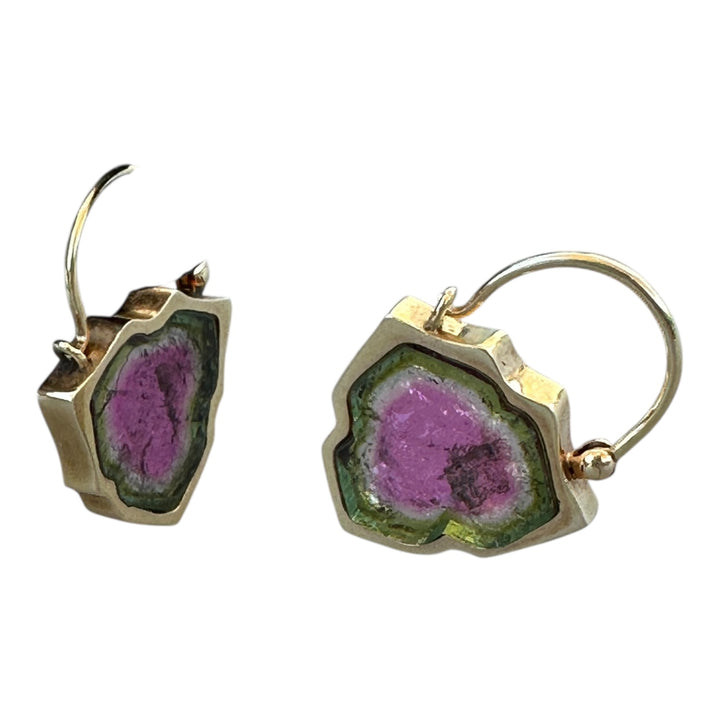 18K Solid Yellow Gold Diamond Accent 28CT Watermelon Tourmaline Slice Earrings