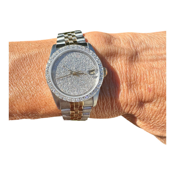 18 karat 2-Tone Rolex Datejust 31 mm Watch 4ctw Diamond Pave Dial and Bezel