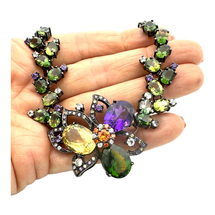 75 ct Colored Gemstone Necklace Black Sterling Silver White Sapphire Necklace