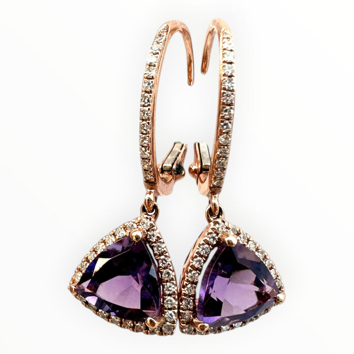 14k Rose Gold & Trillion-Cut Amethyst and Diamond Dangle Earrings 1.35ctw