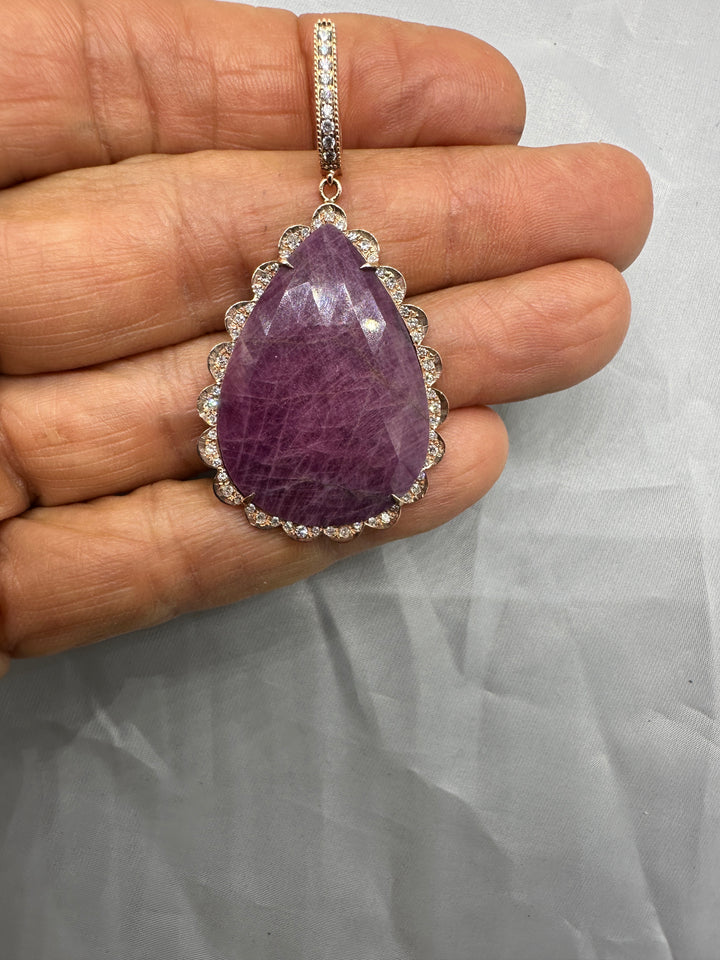 Pear-Shaped Natural Ruby & 0.80 CTW Diamond Scalloped Halo Pendant 14K Rose Gold