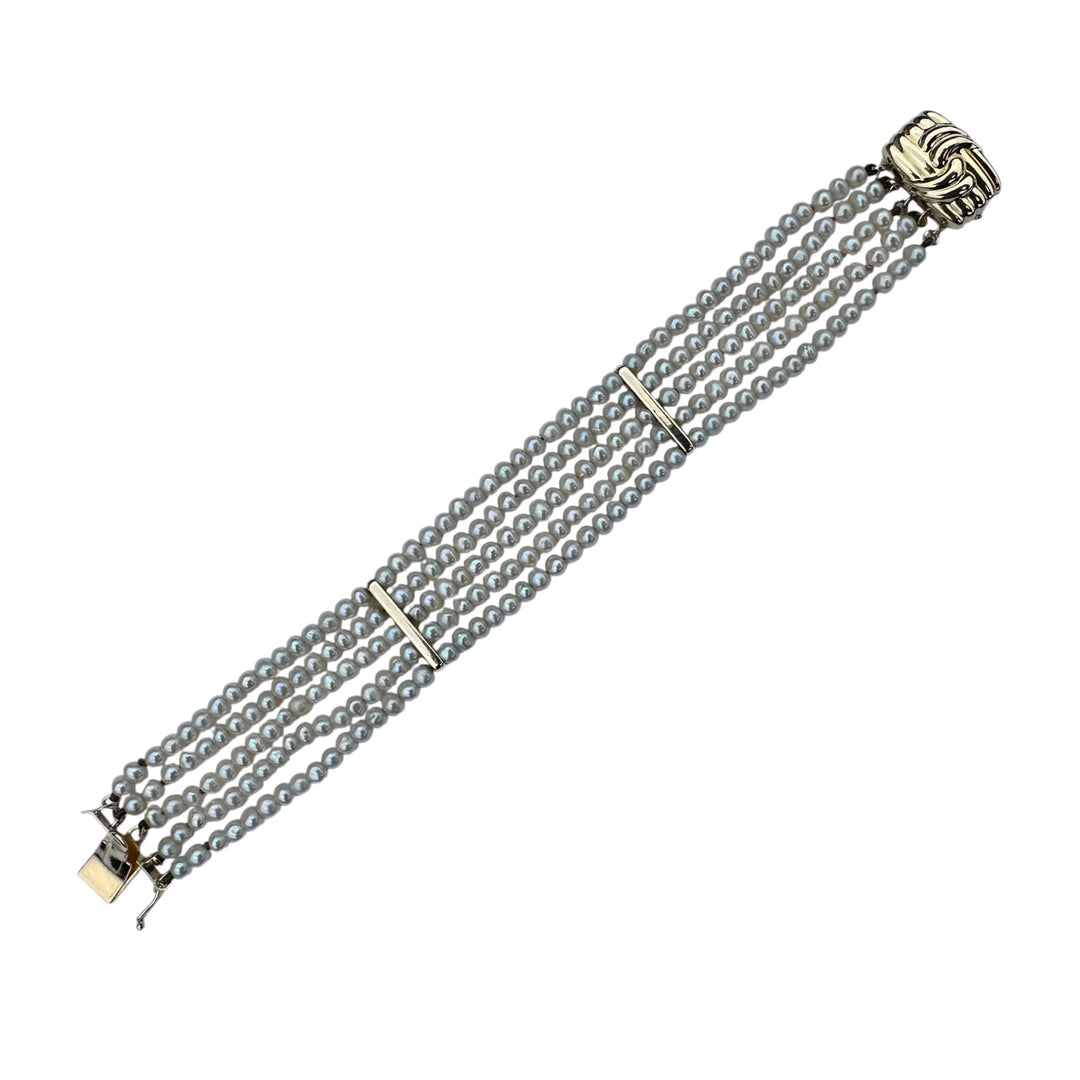 Vintage 14K Yellow Gold Five-Strand Grey Pearl Cuff Bracelet