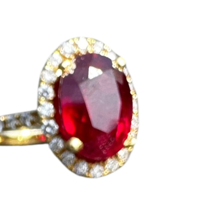14 karat 3.93 carat red ruby halo ring