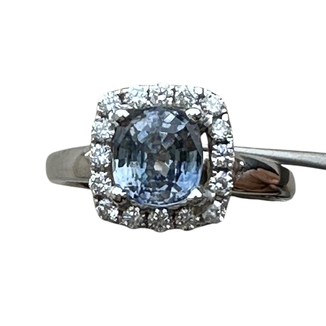 14 Karat Cushion-Cut, Sri Lanka Sapphire Diamond Halo Ring