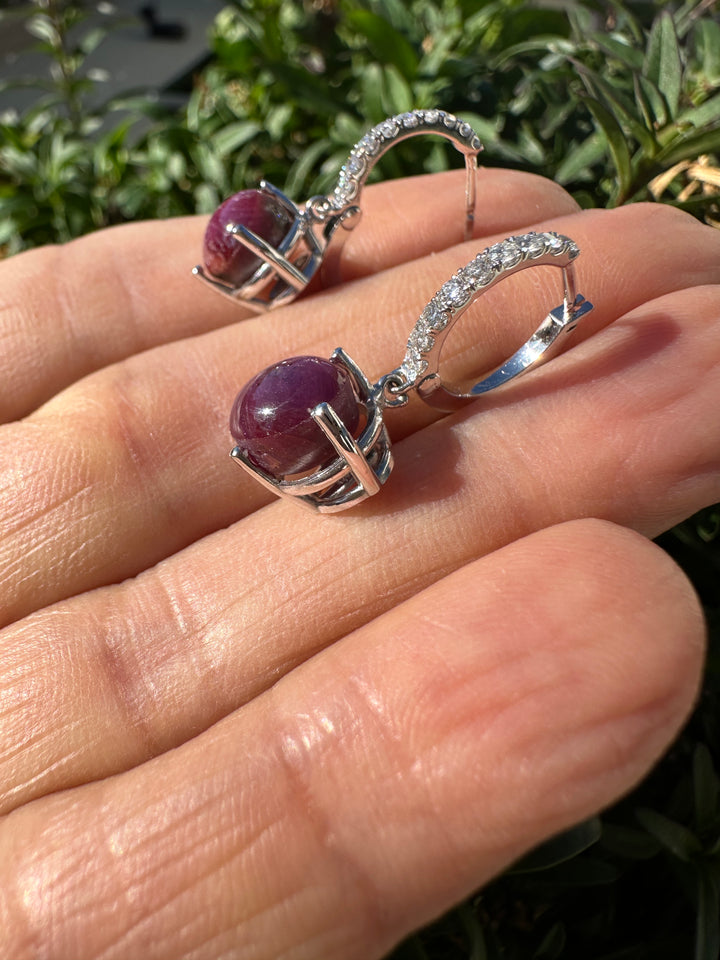 14kt 5cts Star Ruby, 1/3ct diamond hinge hoop earrings